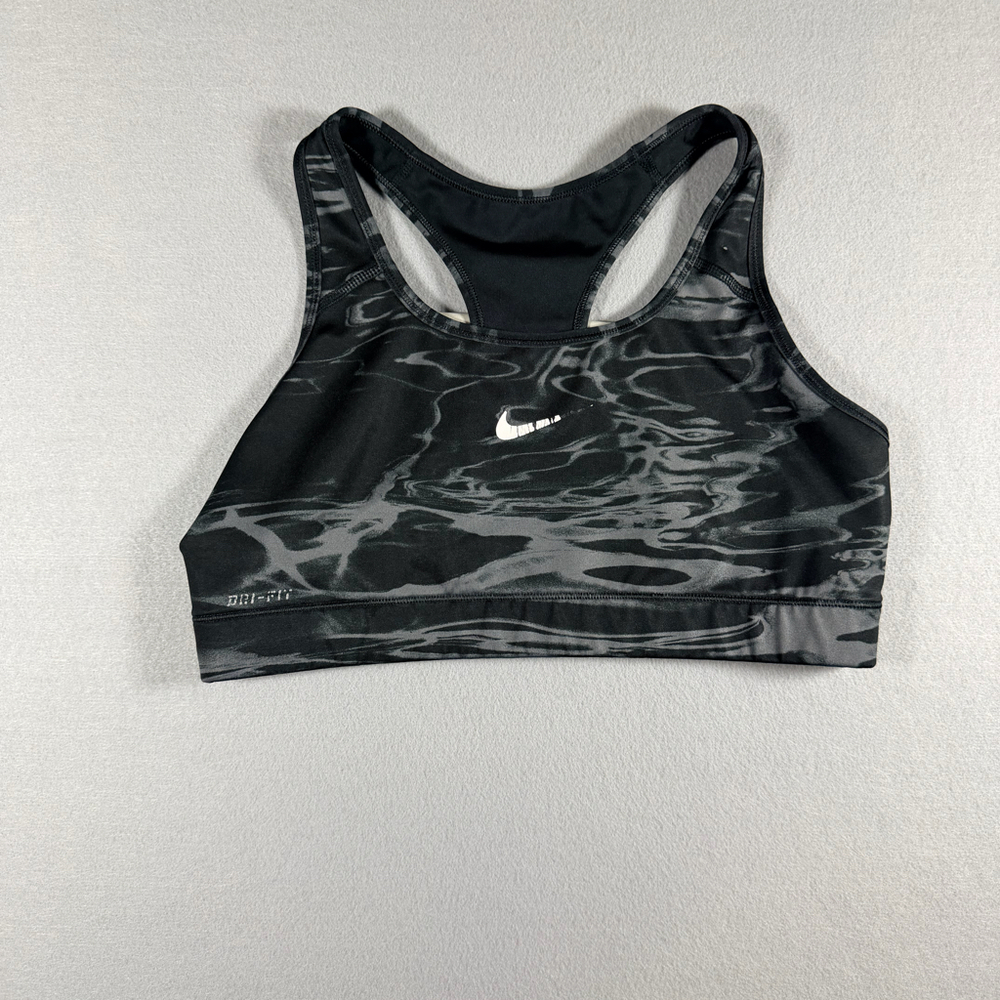 Nike Dri-Fit Womens Sports Bra Size Large Black Water Print Swoosh #456